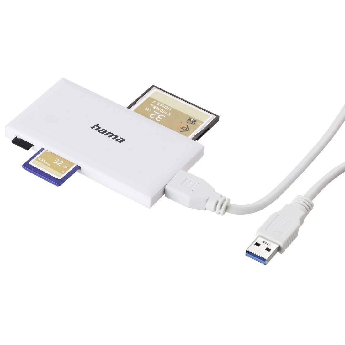 Lecteur de cartes USB Hama blanc avec cartes SD et microSD insérées, connecté par câble USB