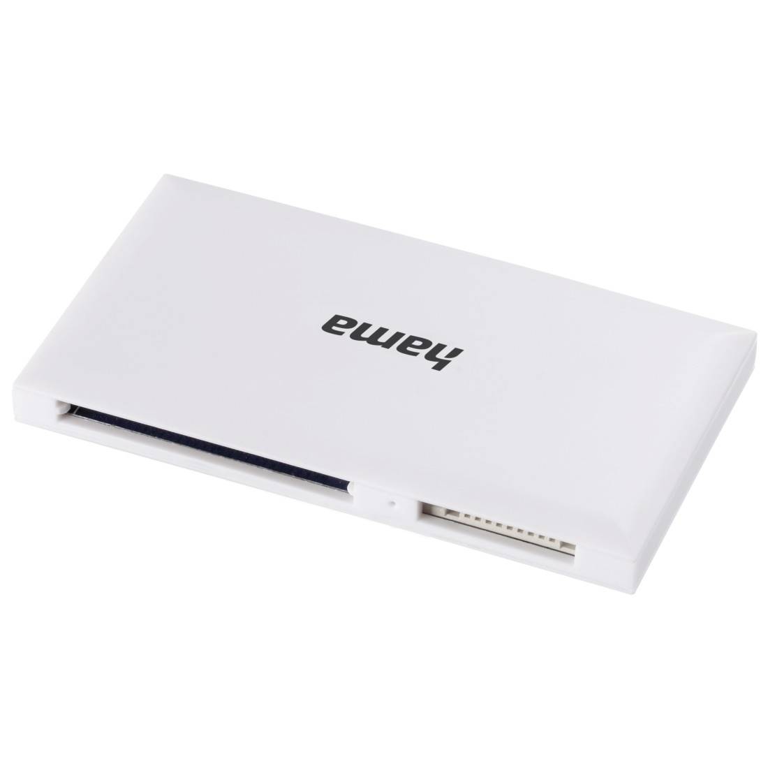 Appareil électronique fin de marque Hama ou lecteur de carte affiché sur un fond blanc, incliné avec une fente frontale visible.