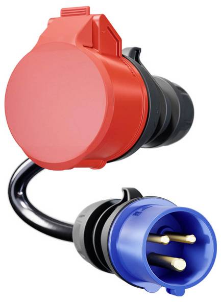 Fiche électrique industrielle rouge et connecteur bleu reliés par un court câble noir, montrant un adaptateur électrique robuste ou une rallonge industrielle.