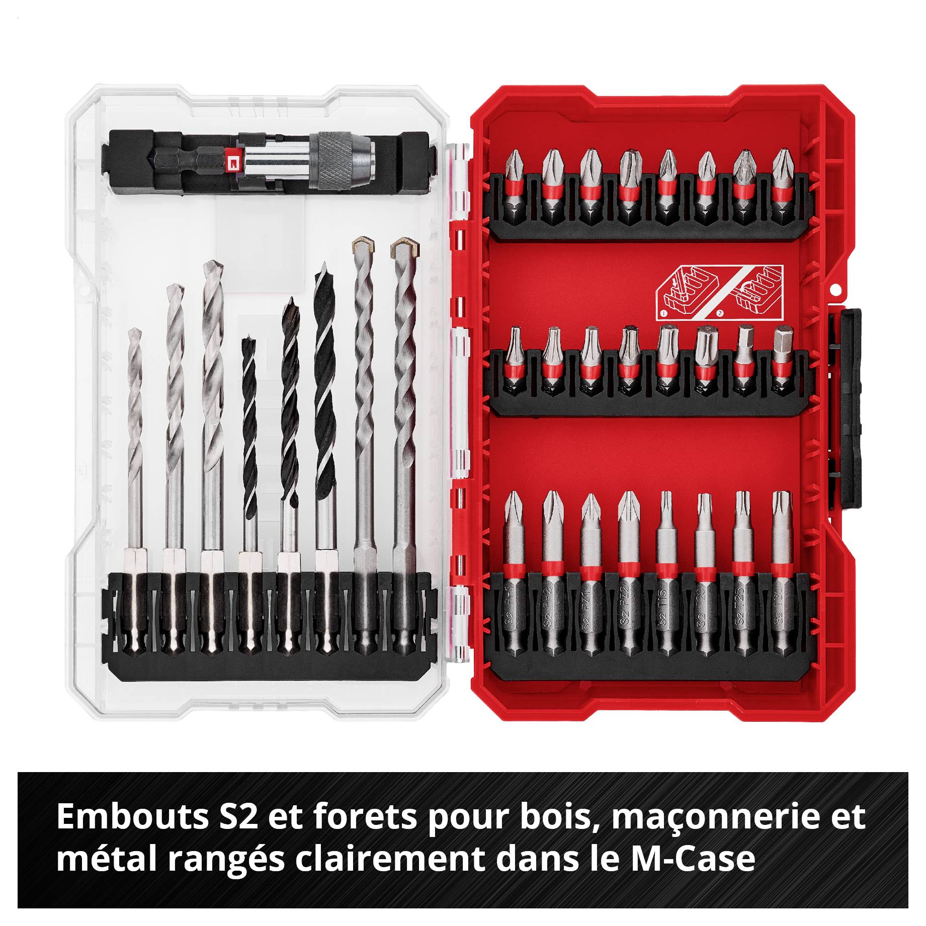 Ensemble de forets et de mèches dans la valise M : à gauche les forets pour le bois, la pierre et le métal, à droite la sélection de mèches rouges dans une boîte de rangement.