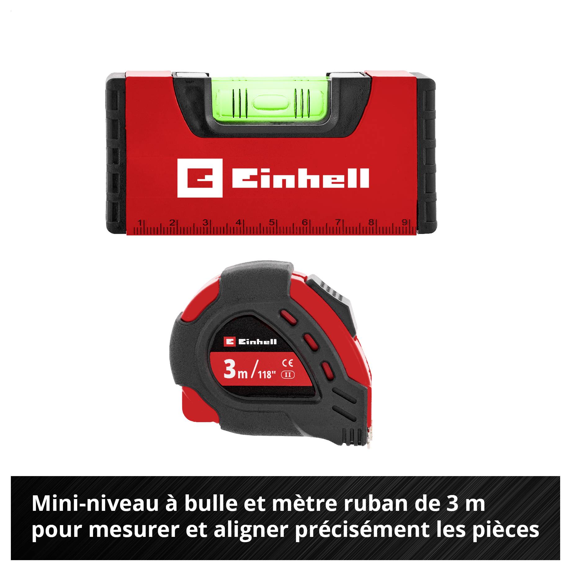 Image de produit avec un mini-niveau à bulle et un mètre à ruban de 3 m d'Einhell ; en bas, il est écrit : « Mini-niveau à bulle et mètre à ruban de 3 m pour mesurer et aligner avec précision les pièces à usiner ».