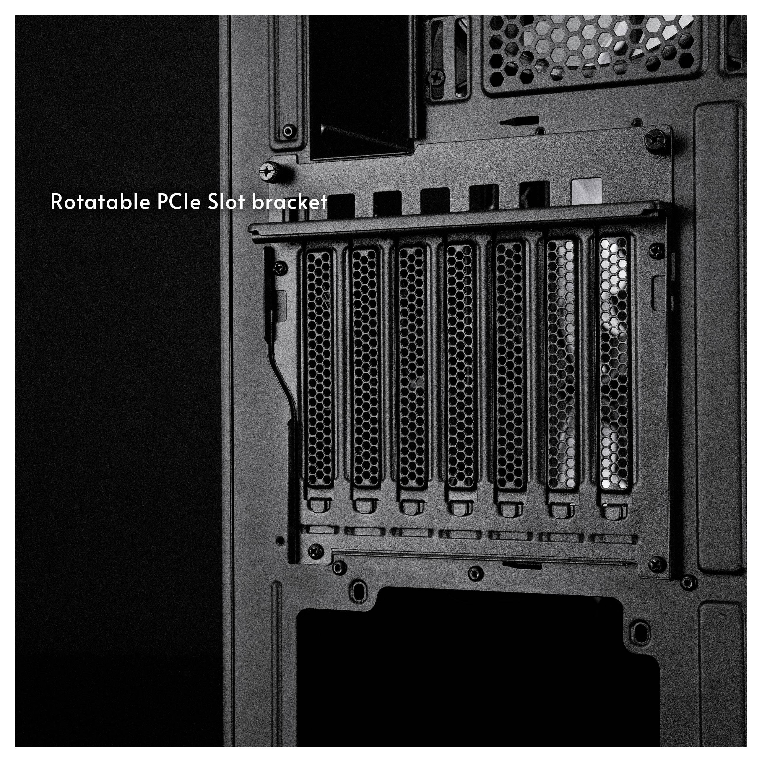 Arrière d'un boîtier PC montrant un support de slot PCIe rotatif avec plusieurs emplacements d'expansion et l'étiquette « Support de slot PCIe rotatif ».