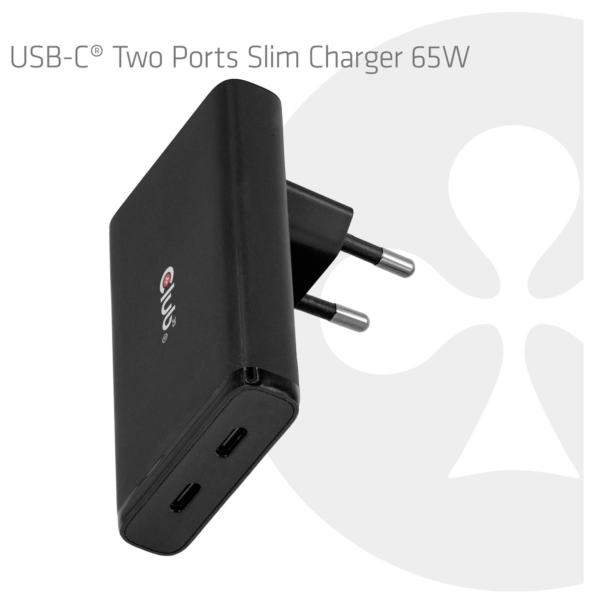 Chargeur mural noir USB-C 65W deux ports, fin, avec deux broches de prise EU rondes, présenté en angle avec deux ports USB-C visibles.