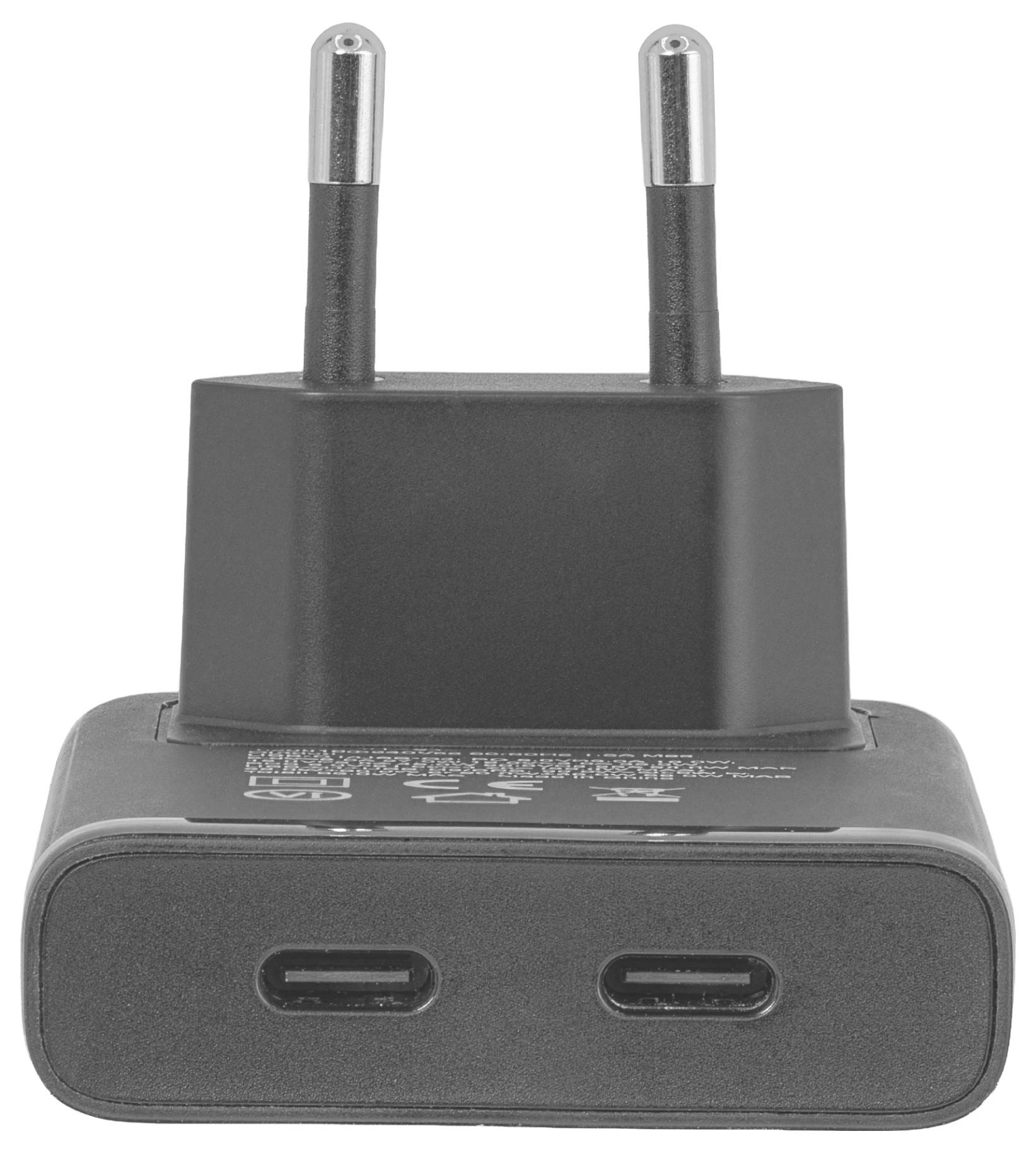 Chargeur mural USB noir avec deux broches de prise européenne et deux ports de charge USB-C frontaux.