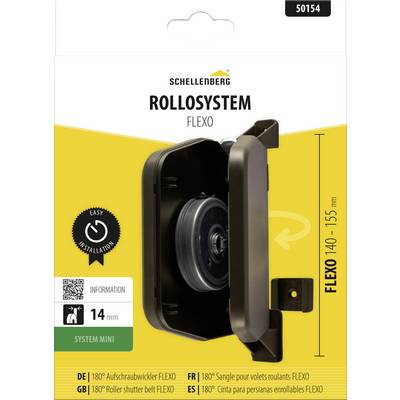Emballage produit pour le système de volet roulant Schellenberg 'ROLLOSYSTEM FLEXO', montrant l'unité de bobine murale noire et la gamme de tailles 'FLEXO 140-155 mm'.