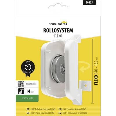 Emballage de produit pour le système de store Schellenberg 'Rollosystem FLEXO' avec un enrouleur de store roulant blanc, étiqueté 'FLEXO 140-155 mm' et 'Système Mini' pour une installation facile.