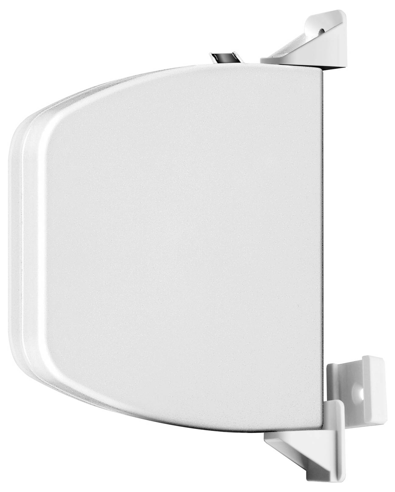 Distributeur ou porte-serviettes mural blanc avec un couvercle avant arrondi et une fente de distribution en haut, présenté sur un fond uni.