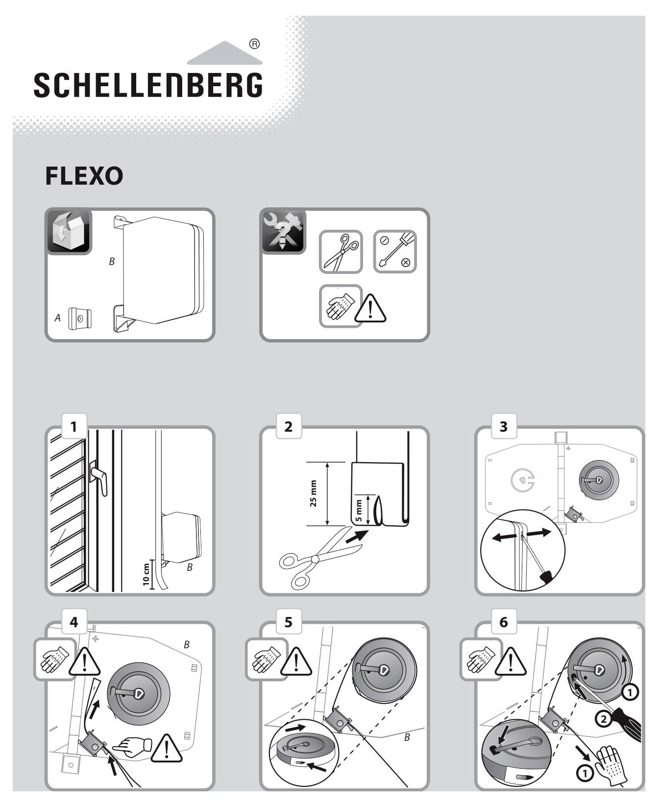 # Guide d'installation Schellenberg FLEXO avec icônes de sécurité et six diagrammes numérotés étape par étape montrant comment monter et régler l'appareil.