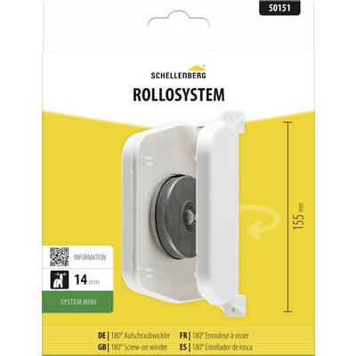 Emballage de produit pour enrouleur de volet roulant mini 'ROLLSYSTEM' de Schellenberg, montrant une unité montée en mur de couleur blanche avec informations de hauteur de 155 mm et de taille de 14 mm.