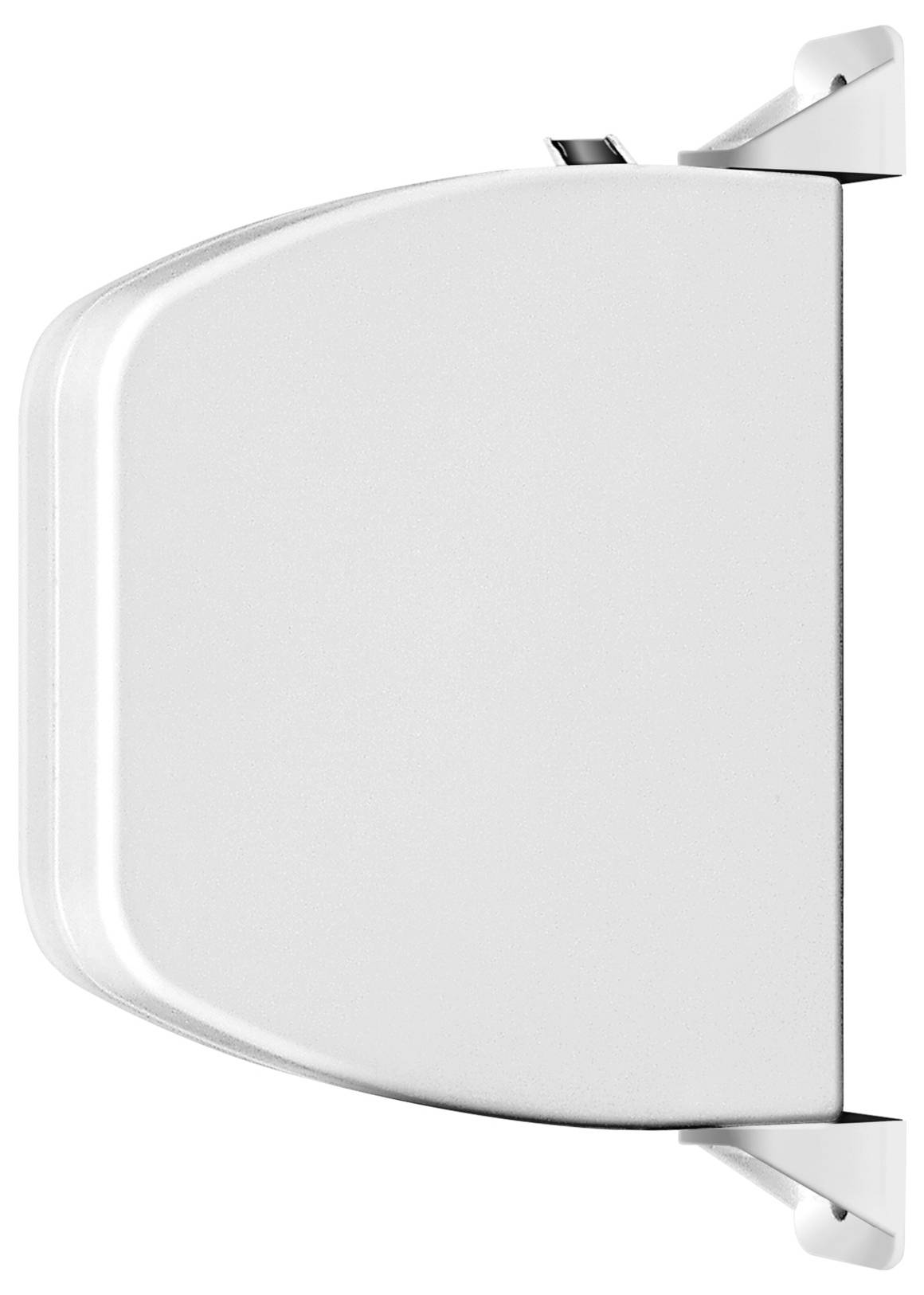 Vue latérale d'un distributeur mural blanc en plastique ou d'un couvercle avec des bords arrondis lisses et des supports métalliques en haut et en bas.