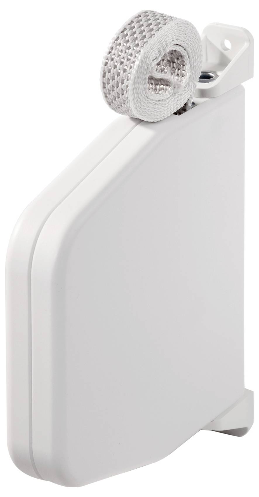 Bobine de mètre ruban rétractable montée au mur de couleur blanche avec ruban tissé partiellement déroulé.