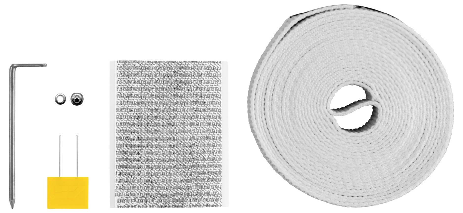 Kit de sangle blanche avec un piquet en métal, deux petits dispositifs de fixation, un connecteur jaune, une bande tissée et une grande bobine de sangle enroulée.