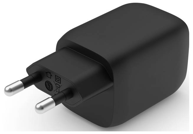 Adaptateur de chargeur mural électrique à deux broches de couleur noire avec un corps arrondi sur un fond blanc.