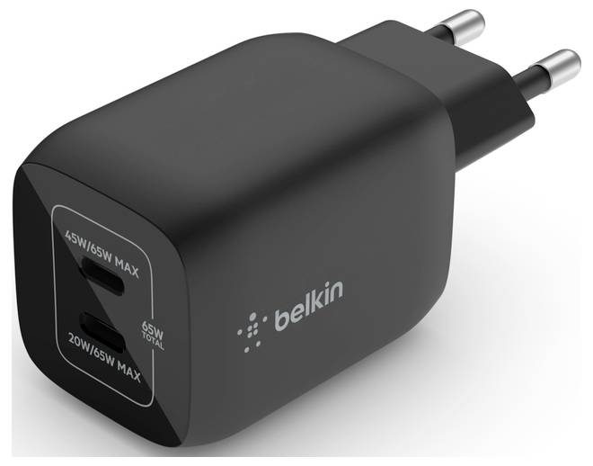 Chargeur mural Belkin noir avec deux ports USB-C, étiqueté 45W/65W max et 20W/65W total, montré avec une prise européenne à deux broches.