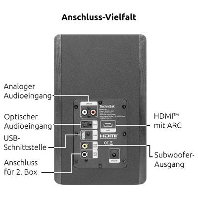 Vue arrière d'un haut-parleur TechniSat montrant les options de connexion : entrée audio analogique et optique, USB, HDMI avec ARC, sortie de caisson de basses et connexion de deuxième haut-parleur.
