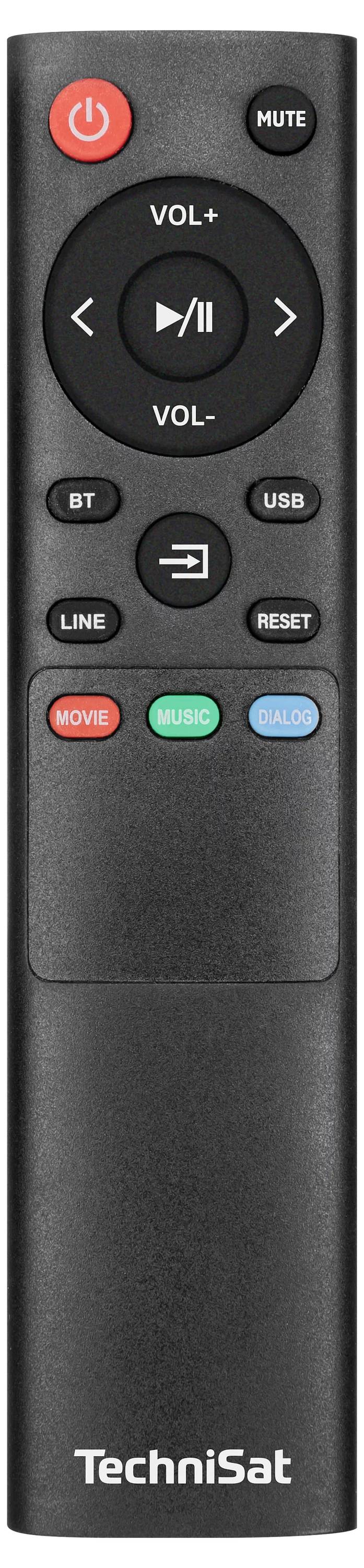 Télécommande TechniSat avec boutons d'alimentation, de sourdine, de volume, de lecture/pause, de piste, Bluetooth, USB, ligne, de réinitialisation, et de film/musique/dialogue.