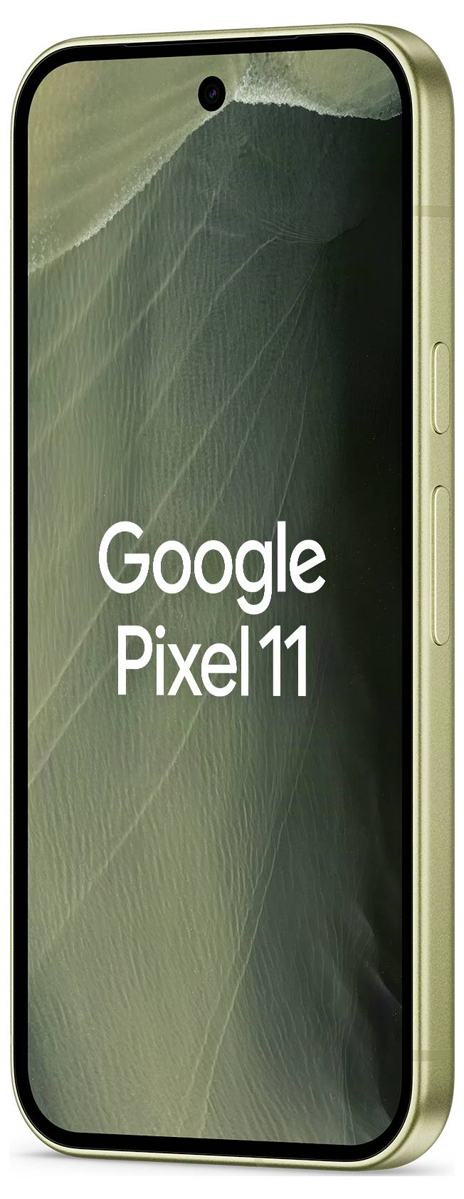 Vue de face d'un smartphone Google Pixel 11 de couleur or avec l'écran affichant « Google Pixel 11 ».