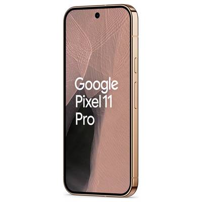 Smartphone Google Pixel 11 Pro montré en vue de face avec cadre or rose et papier peint abstrait rose, affichant le texte « Google Pixel 11 Pro » sur l'écran.