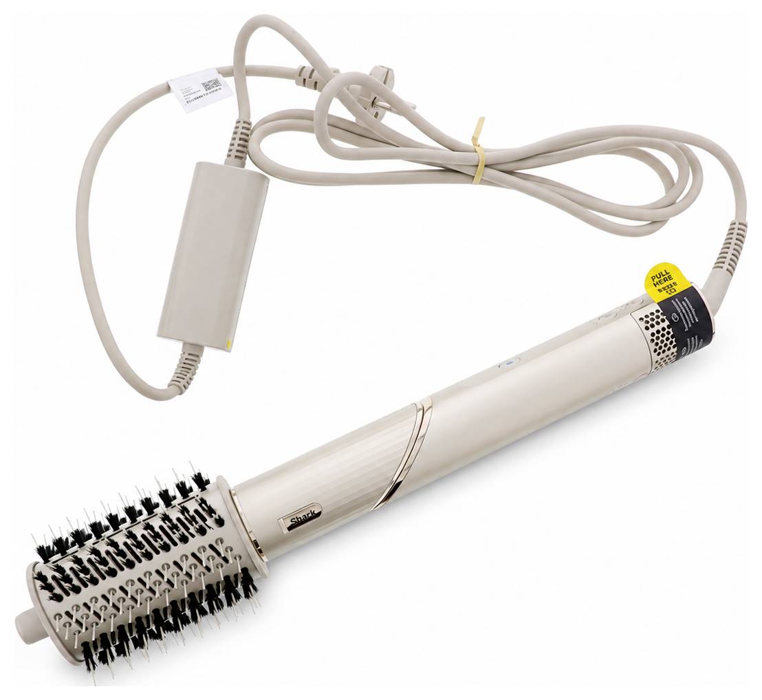 Brosse chauffante sans fil avec tête de brosse ronde à poils, manche électrique et câble enroulé sur fond blanc.