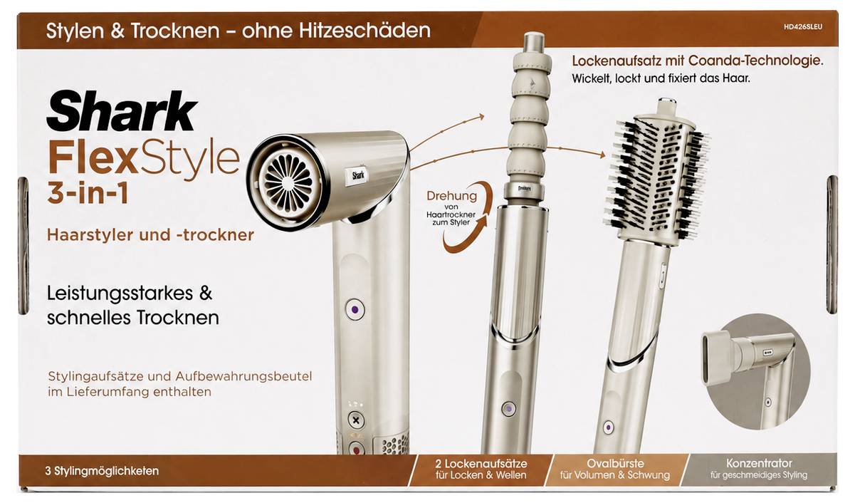 Publicité pour le sèche-cheveux et styliseur capillaire 3-en-1 Shark FlexStyle, présentant des accessoires interchangeables pour sécher, boucler, volumiser et lisser les cheveux.
