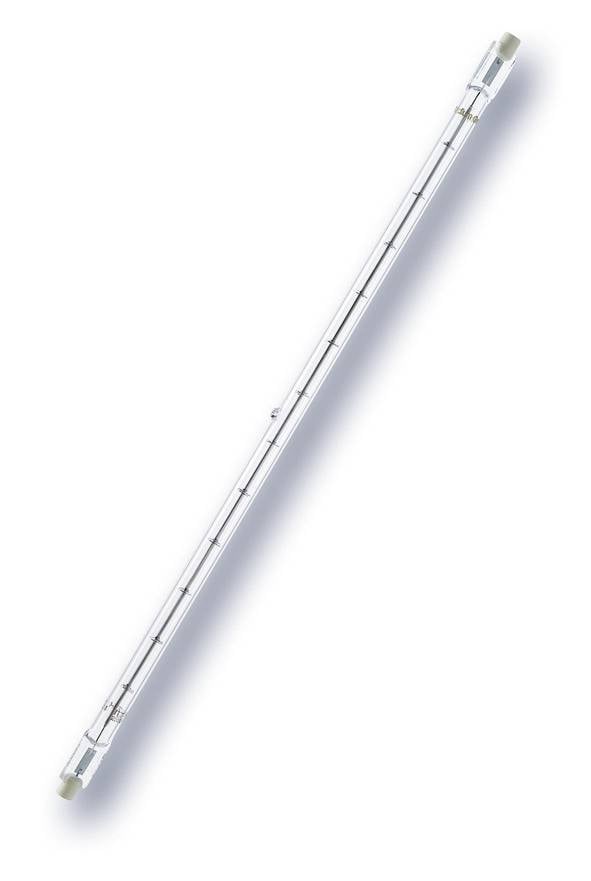 Tube de verre transparent et long avec embouts métalliques, présenté en diagonale sur un fond blanc, probablement un composant de fusible ou d'ampoule.