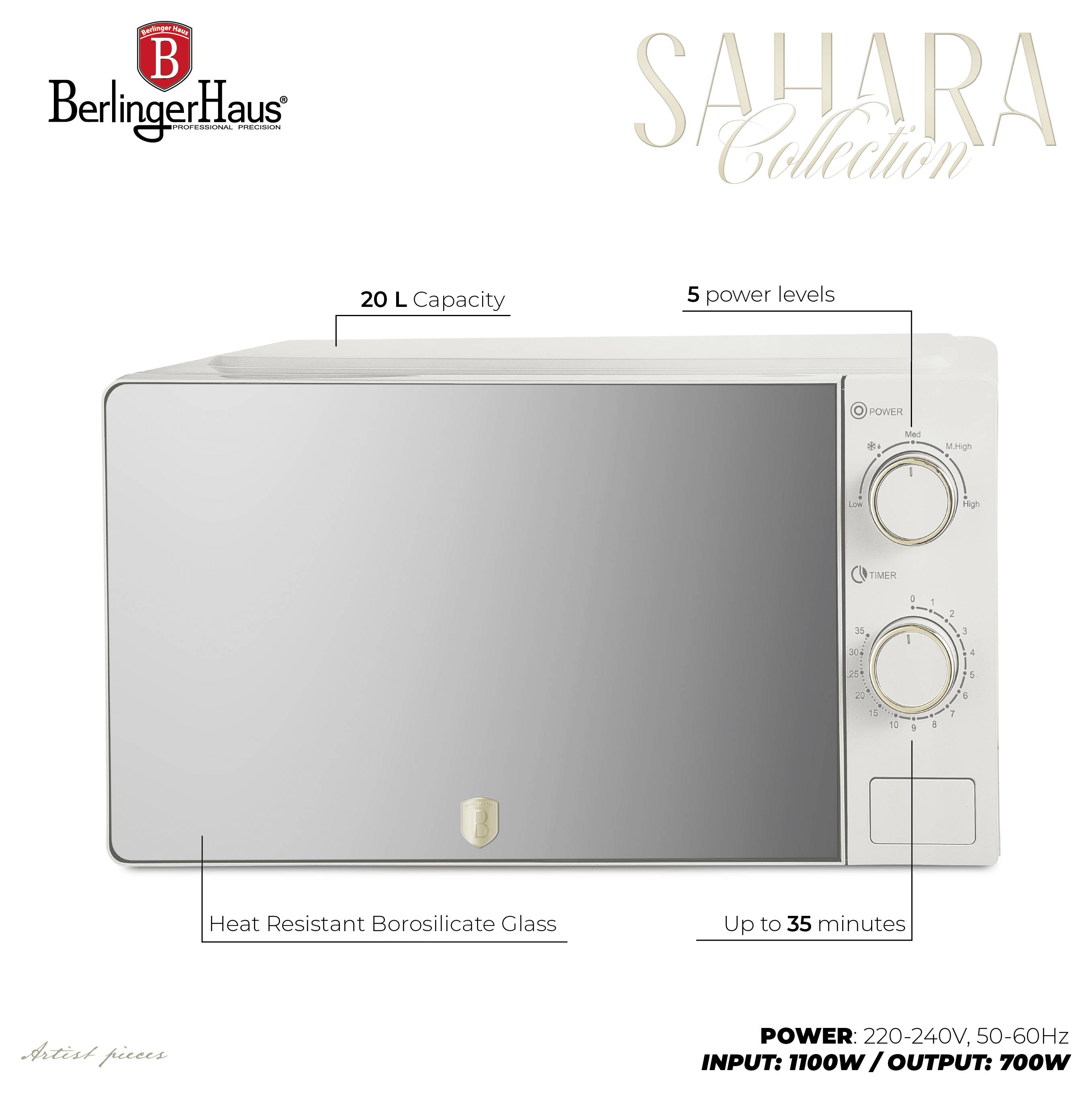 BerlingerHaus Collection Sahara micro-ondes, capacité 20 L, 5 niveaux de puissance, verre borosilicaté résistant à la chaleur, minuteur jusqu'à 35 minutes, puissance 700 W.