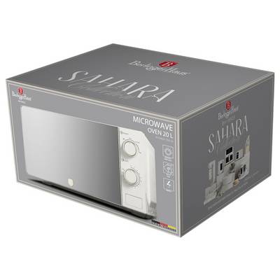 Boîte d'emballage pour un four à micro-ondes 'Sahara' de 20L, affichant l'image du produit et le nom de marque 'Berlinger Haus' sur une boîte grise.