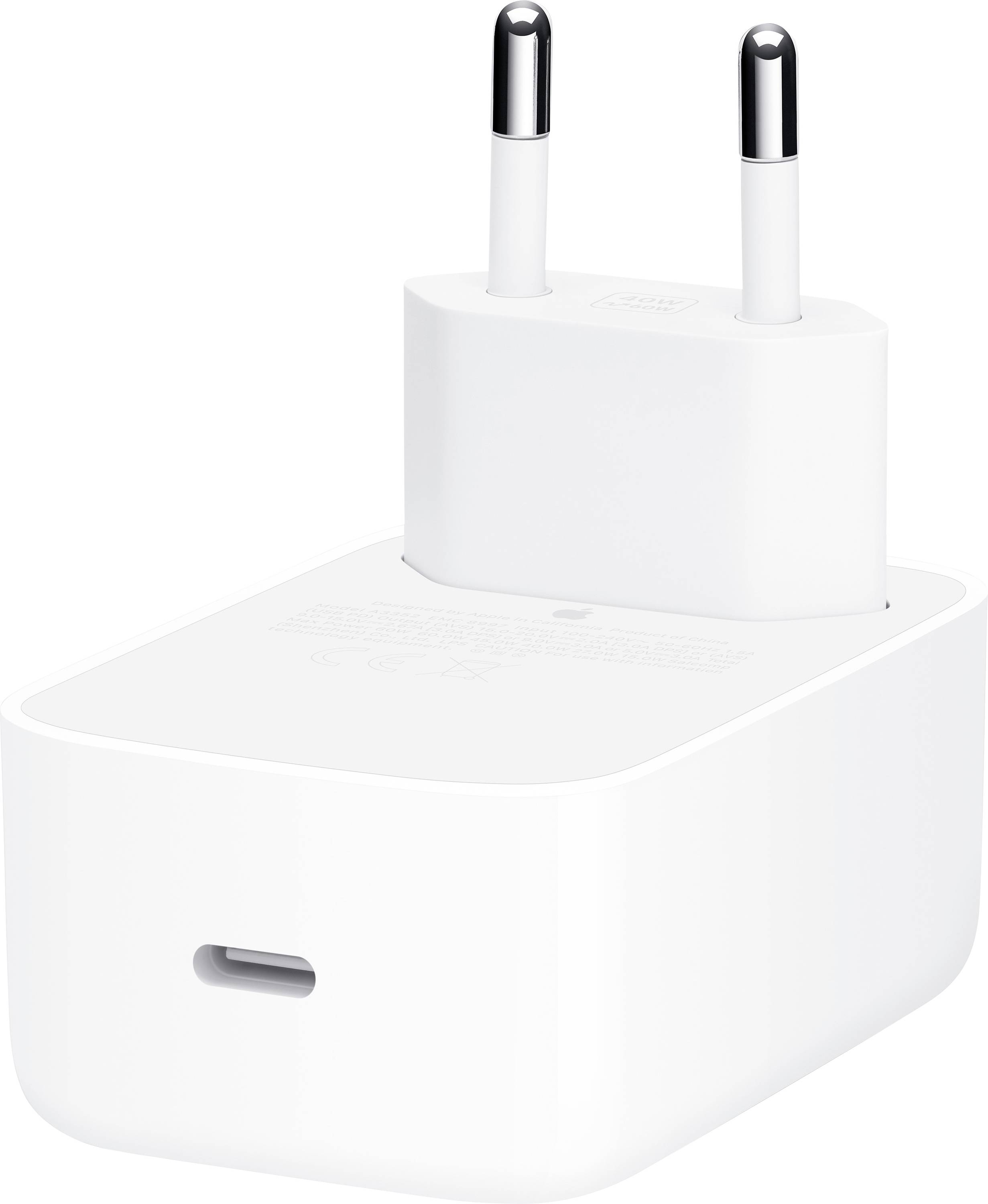 Adaptateur secteur blanc enfichable avec deux broches métalliques rondes et un port de charge USB-C à l'avant.