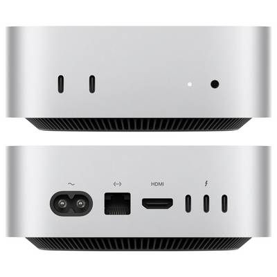 Vue de face et de dos d'un petit mini PC argenté, montrant les ports USB avant et les voyants d'état, ainsi que les ports d'alimentation, Ethernet, HDMI et USB arrière.