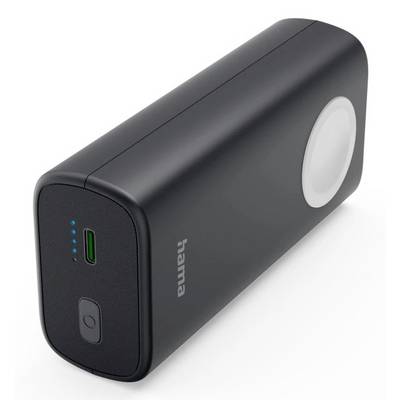 Batterie externe Hama noire avec port USB-C, voyants indicateurs de batterie et bouton d'alimentation en façade.