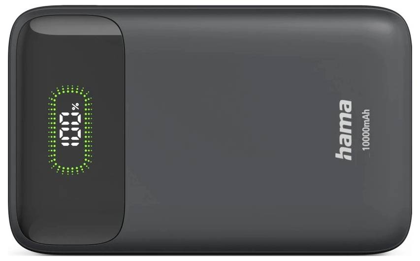 Batterie externe noire Hama 10000mAh avec affichage numérique de la batterie à une extrémité.