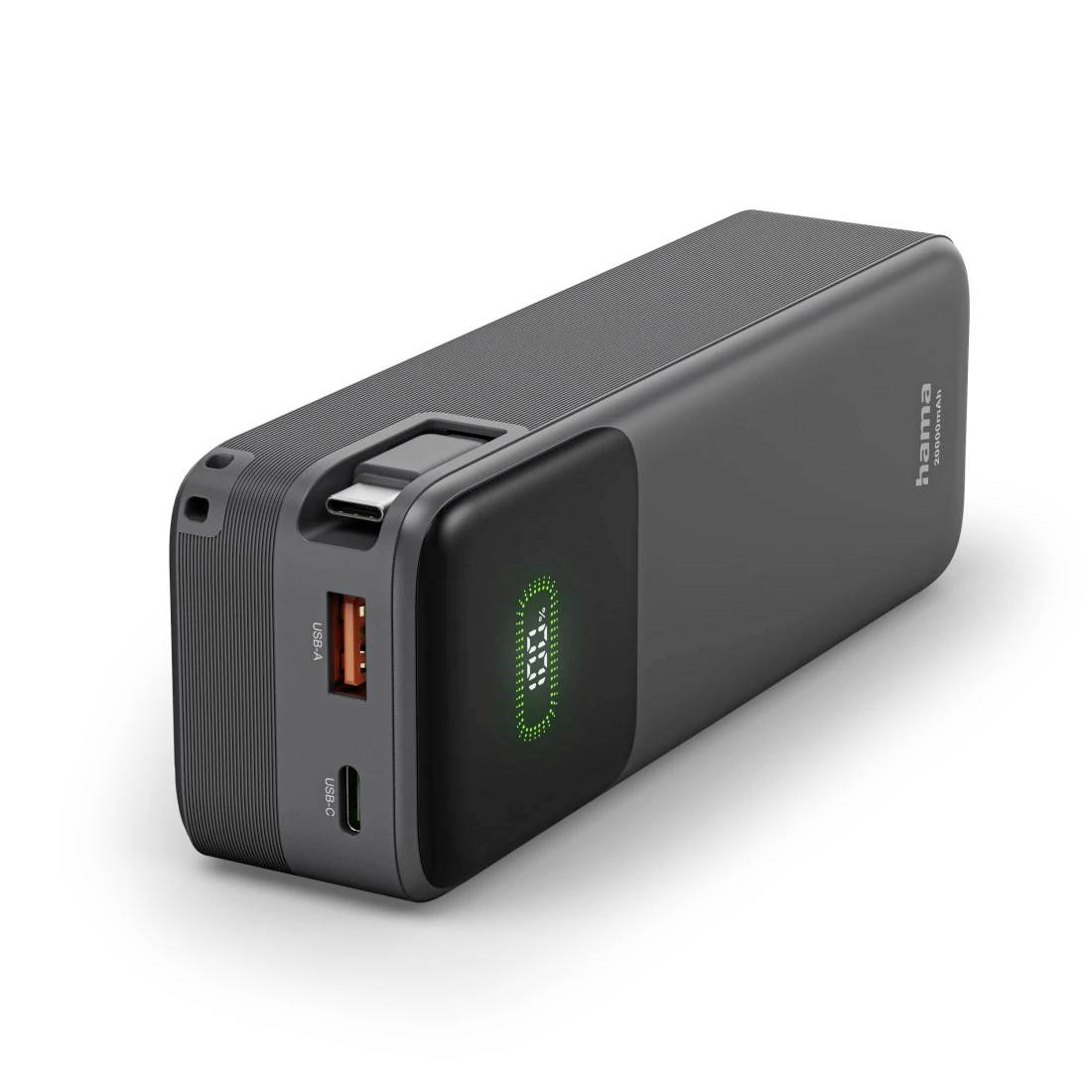 Banque d'énergie portable noire avec ports USB-A et USB-C et un indicateur luminescent du niveau de batterie, présenté sur un fond blanc.