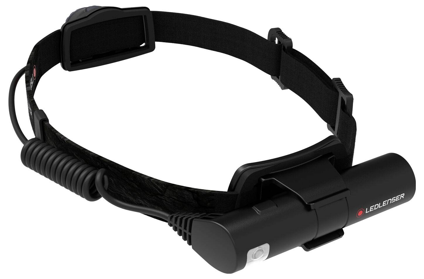 Lampe frontale noire ajustable avec sangle élastique et unité LED, présentée sur un fond blanc.
