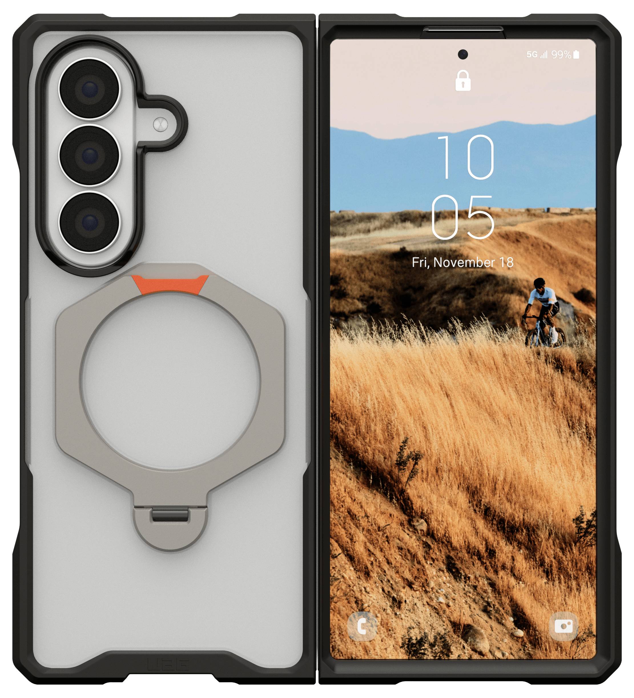 Smartphone pliable dans un étui robuste, montré ouvert avec un anneau magnétique de fixation sur le dos et un écran de verrouillage en mode paysage sur le devant.