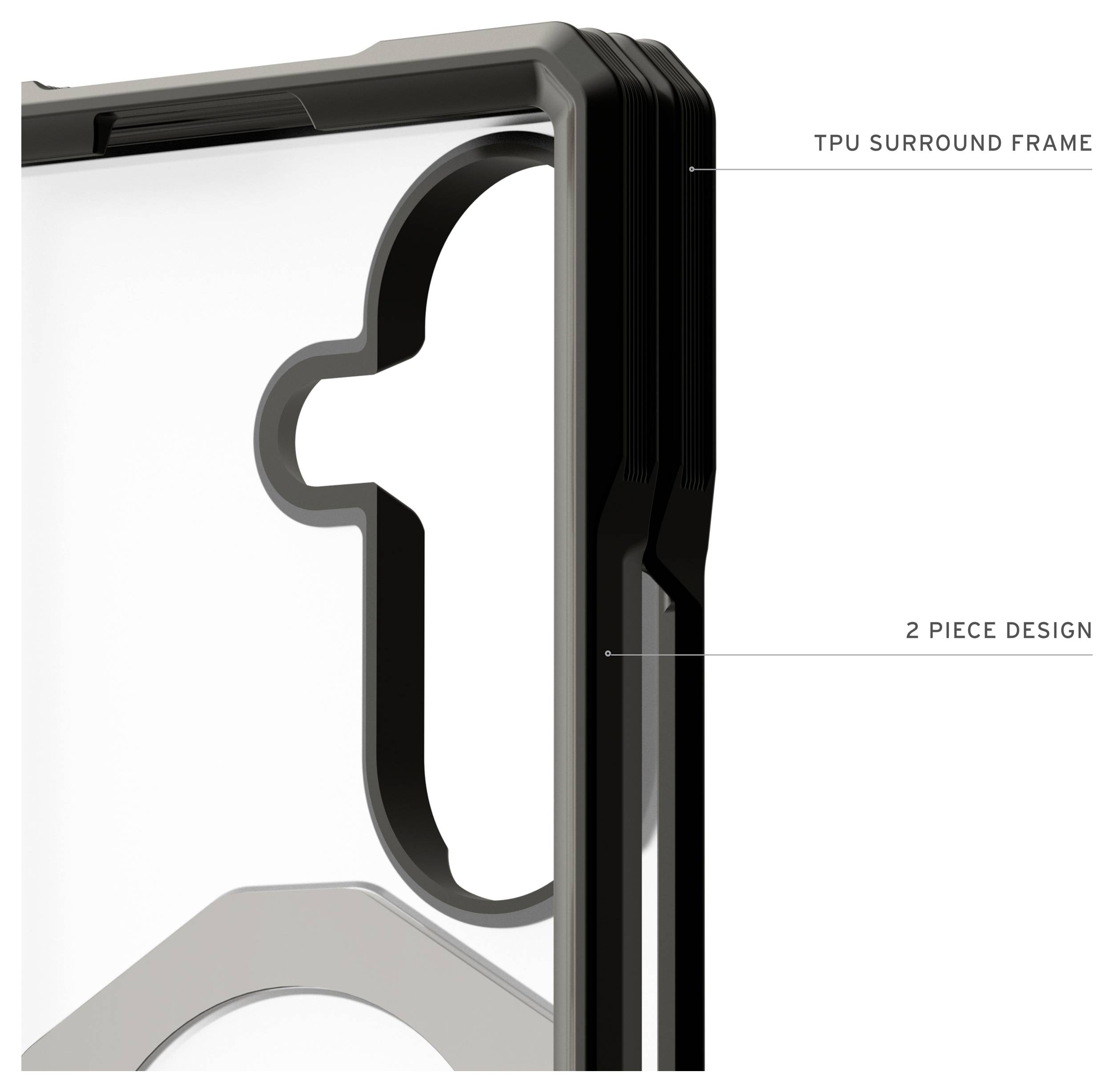 Gros plan d'une coque de téléphone noire montrant un cadre de surround en TPU et un design en deux pièces, avec une découpe pour l'appareil photo ou le bouton latéral.