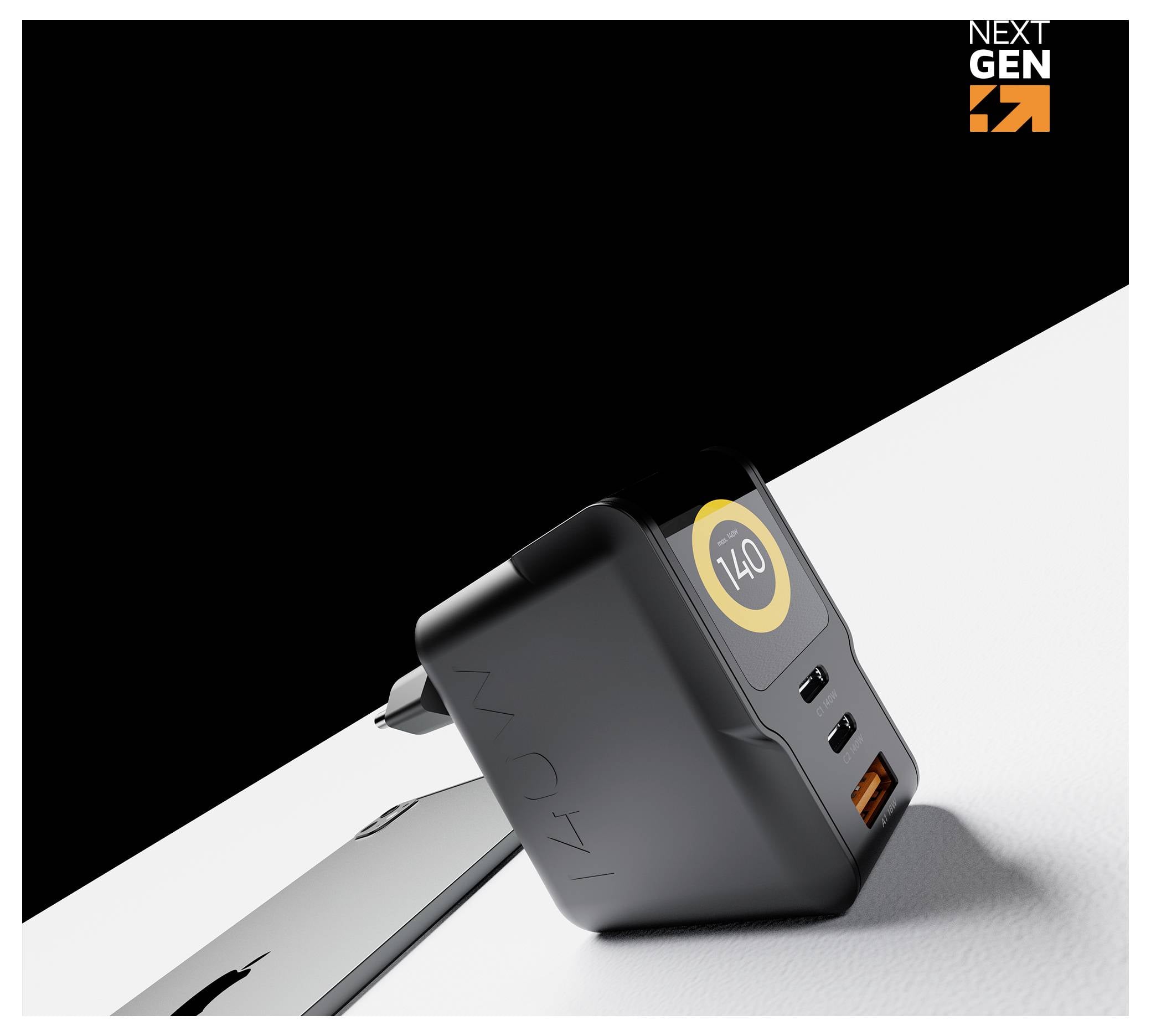 Chargeur mural Black Next Gen avec prise pliable et deux ports USB, présenté sur un fond noir et blanc en diagonale avec un affichage « 140 » en haut.