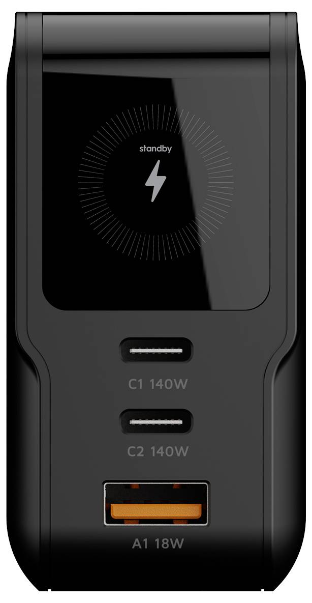Adaptateur de recharge noir 140W vue de face avec une icône de veille en éclair centralisée, deux ports USB-C étiquetés C1 140W et C2 140W, et un port USB-A étiqueté A1 18W.