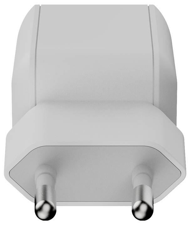 Adaptateur de prise européenne à deux broches blanc avec coins arrondis sur un fond uni.