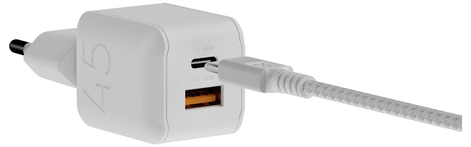Chargeur mural USB blanc avec deux ports étiquetés C1 et A1, branché avec un câble et les broches CA visibles.