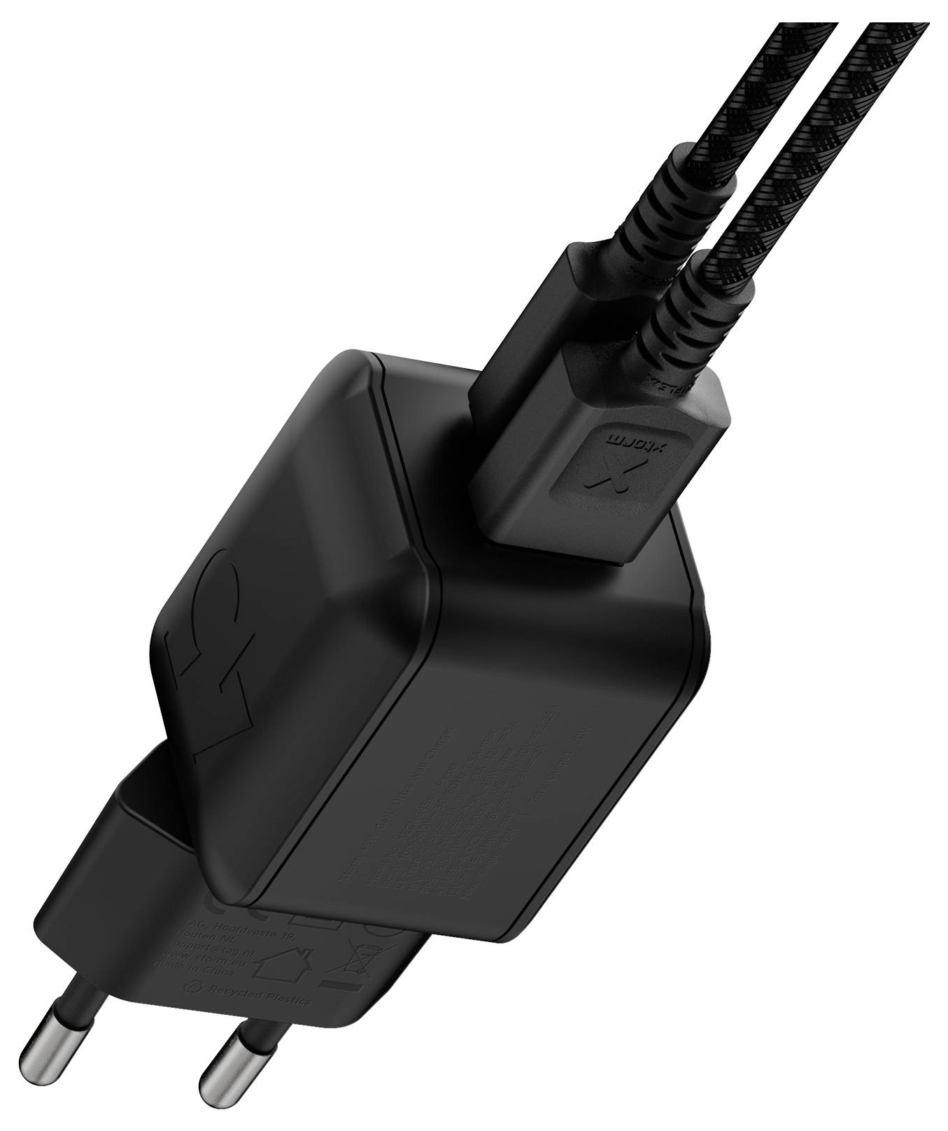 Adaptateur d'alimentation noir avec deux broches de prise européenne et deux câbles branchés sur le dessus.