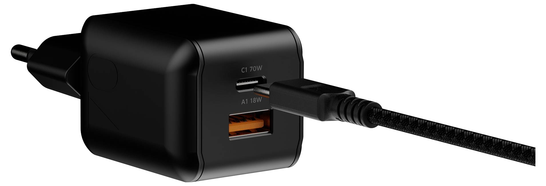 Chargeur mural noir avec un port USB-C et un port USB-A, présenté avec un câble branché dans le port USB-A.