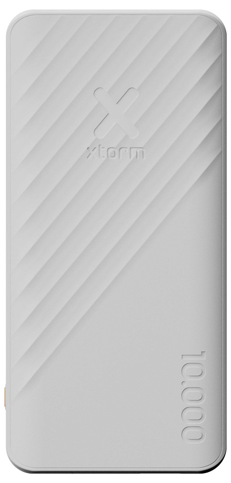 Batterie externe rectangulaire argentée avec stries diagonales et marquage « TLOOO » en relief