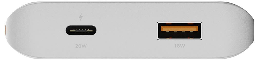 Vue latérale d'une batterie externe argentée avec deux ports de charge : USB-C étiqueté 20W et USB-A étiqueté 18W.