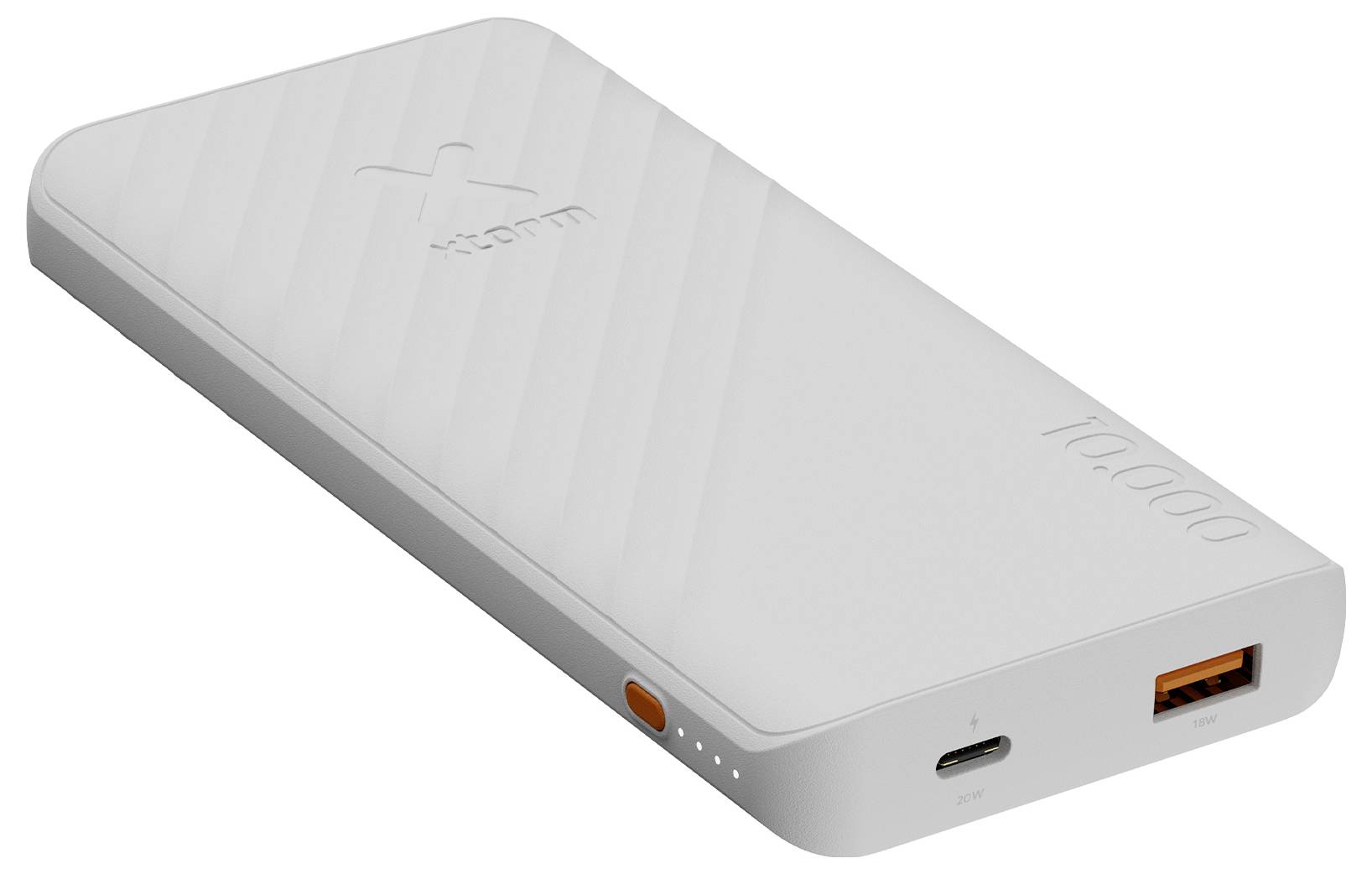 Batterie externe portable blanche avec ports USB-C et USB-A, plus un petit voyant indicateur sur le côté.