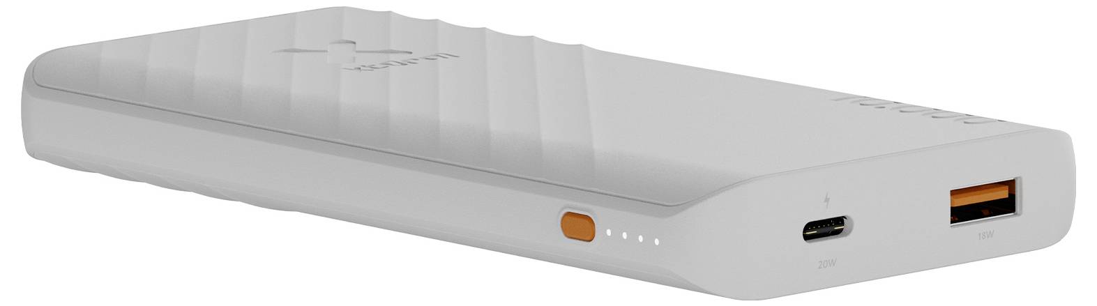 Banque d'énergie portable grise présentée en perspective, avec une entrée USB-C, une sortie USB-A orange, un bouton d'alimentation orange et quatre indicateurs de charge LED.