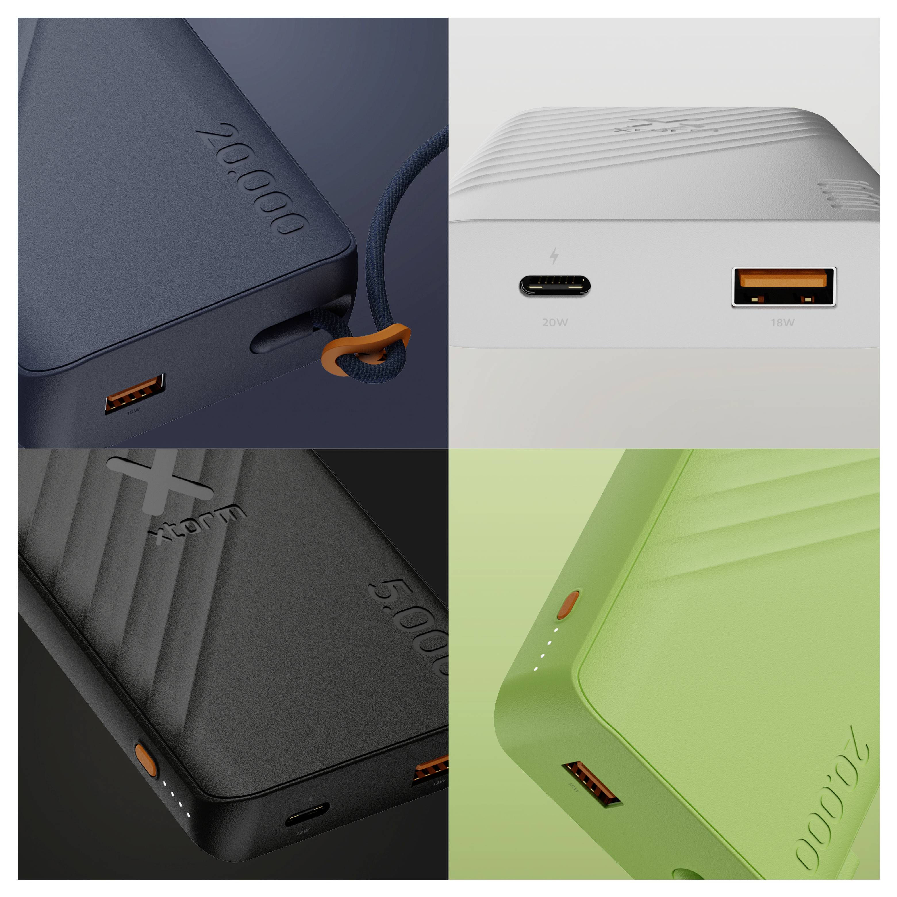 Quatre vues d'une batterie externe portable dans différentes couleurs, montrant les ports USB-C et USB-A, un bouton d'alimentation et des indicateurs de charge LED.
