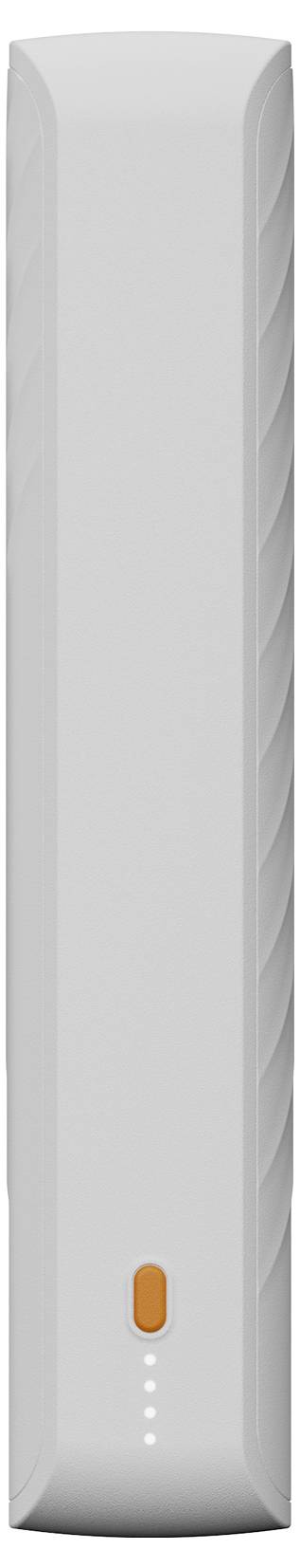 Appareil blanc de grande taille fixé au mur avec un seul bouton orange près du bas et quatre petits voyants indicateurs en dessous.