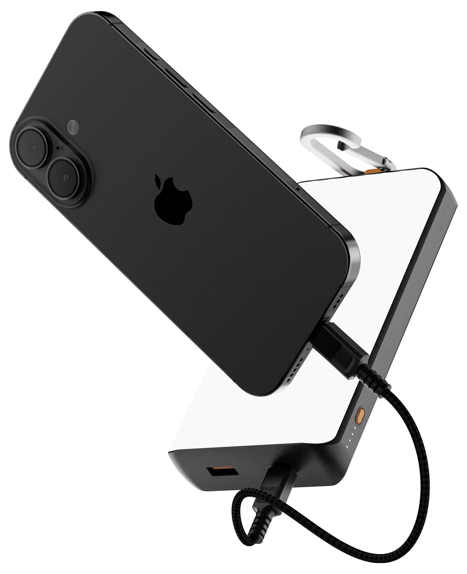 iPhone noir incliné sur un socle de recharge élégant avec un câble branché, présenté comme une image de produit sur fond blanc.