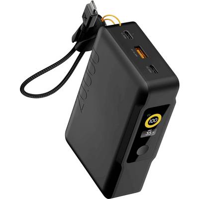 Banque d'alimentation portable noire avec câble USB-C intégré, trois ports de recharge et écran frontal affichant 100% de batterie et une puissance de sortie de 35W.