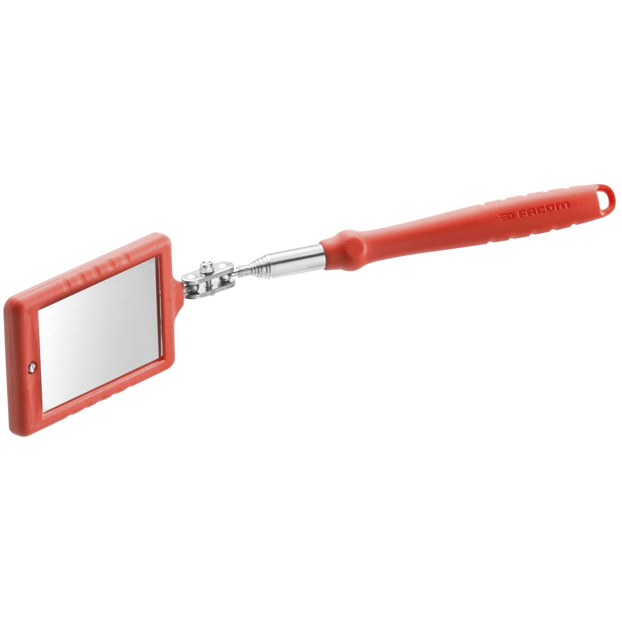 Outil miroir d'inspection à manche rouge avec un miroir rectangulaire sur fond blanc.
